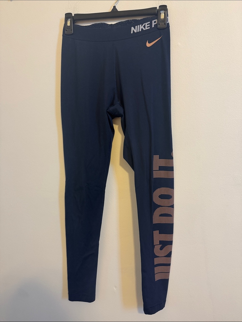 Nike Womens Navy Leggings with Pink Logo and 'Just Do It' Side Text